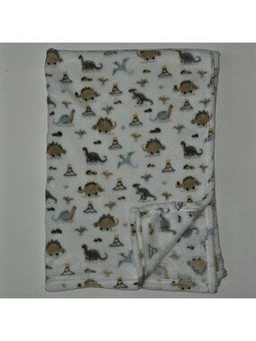 RUNT 1478 Dinosaurs Fleece Baby Blanket Soft Brown Gray Blue Volcano 29x39